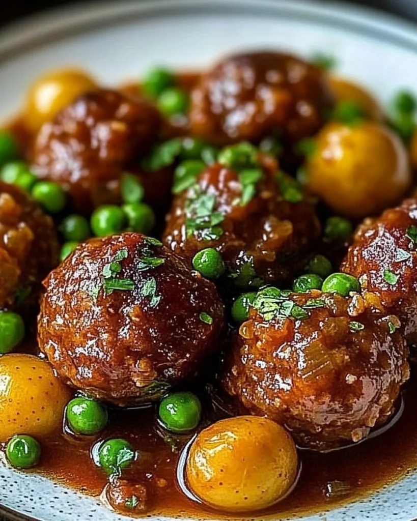 Savory Meatballs in Sweet and Tangy Sauce with Peas and Baby Potatoes