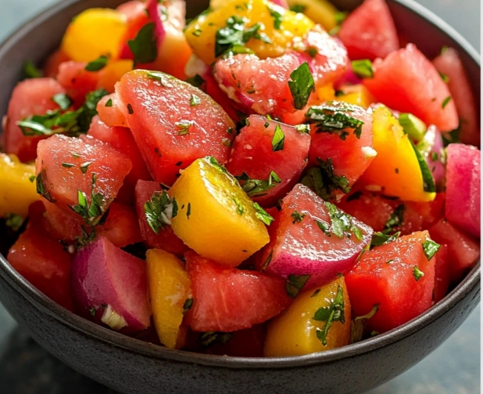 Colorful watermelon pineapple salad with fresh mint and sesame seeds drizzled with honey – refreshing summer dish