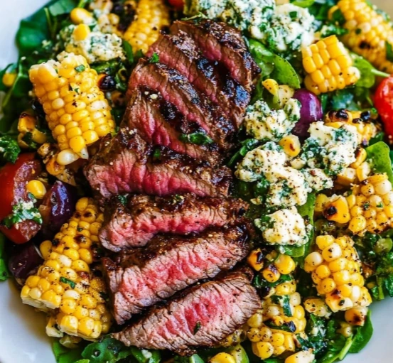 Balsamic Steak Gorgonzola Salad with Grilled Corn