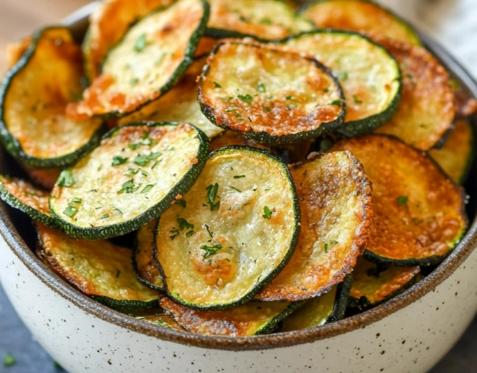 Healthy baked zucchini chips – low-carb crunchy snack with Parmesan and garlic seasoning