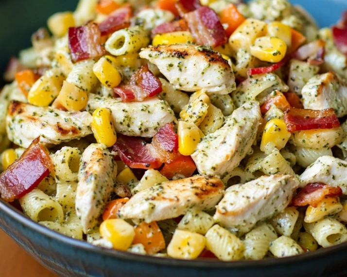 Colorful summer salad with chicken, corn, bacon, and bell peppers on a white plate
