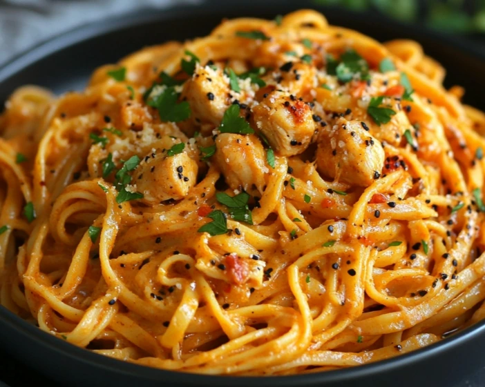 Cowboy Butter Chicken Linguine served in a bowl – a creamy cozy dinner recipe