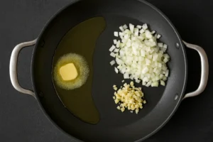 Sautéing garlic, onions, and butter for One-Pot Creamy Beef and Garlic Butter Pasta