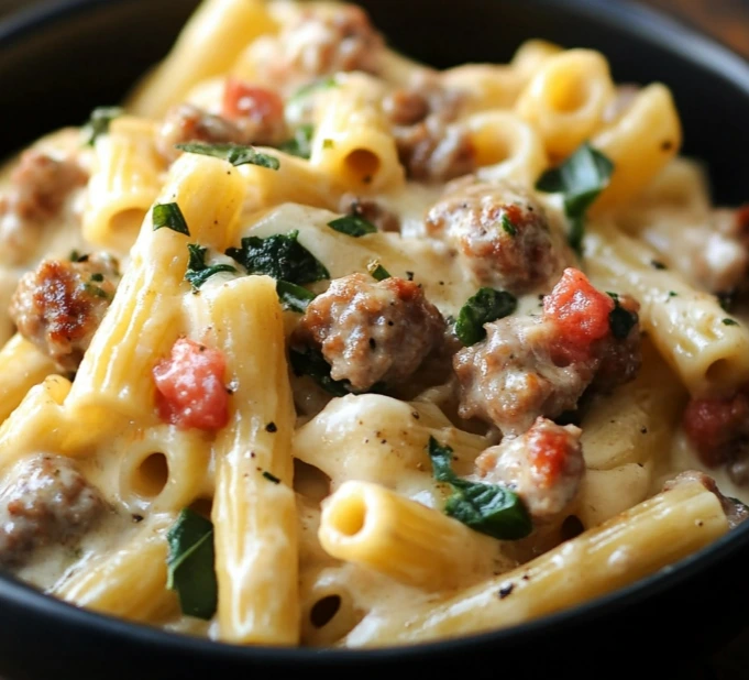 Creamy Tuscan sausage pasta served in a bowl – perfect summer pasta dish