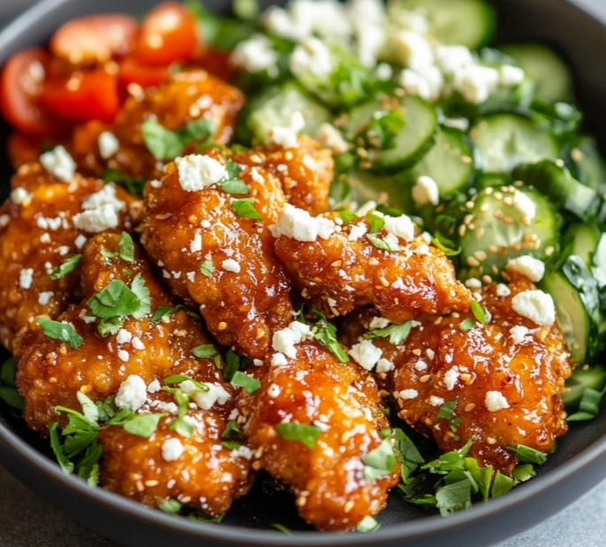 Crispy Hot Honey Feta Chicken served on a plate – perfect for cozy dinner recipes