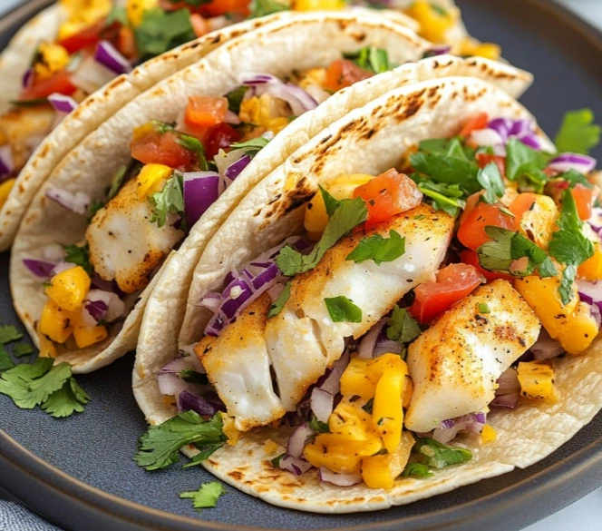 Easy summer dinner with Baja fish tacos served with slaw and lime