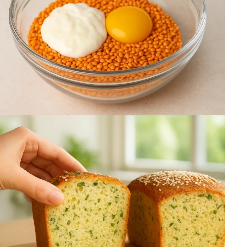 Freshly baked loaf of flourless Lentil Yogurt Bread on a wooden board