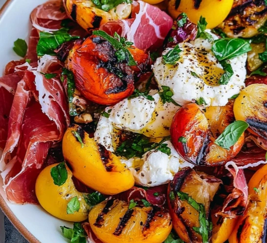 Grilled Peach Burrata Salad with Prosciutto and Heirloom Tomatoes