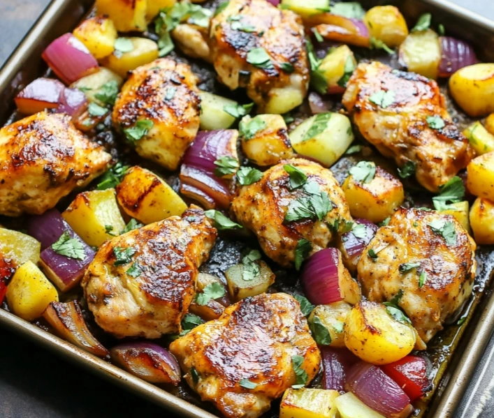 Hawaiian chicken sheet pan served with pineapple and bell peppers – summer dinner recipe