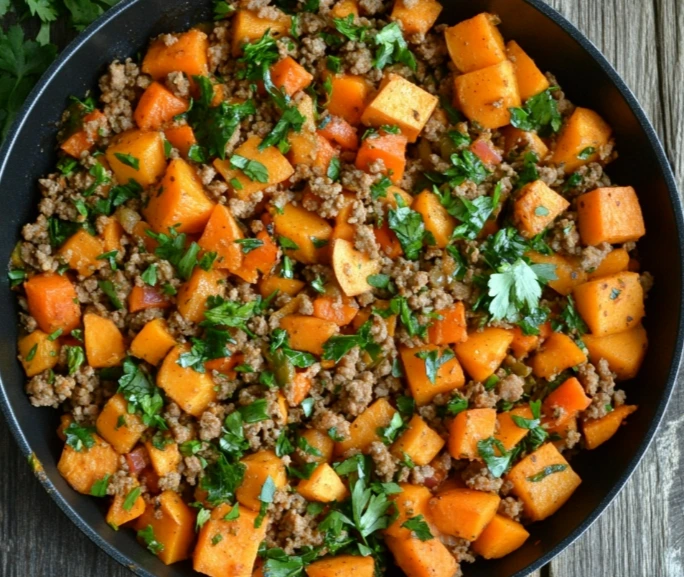 Healthy ground turkey sweet potato skillet cooking in a pan