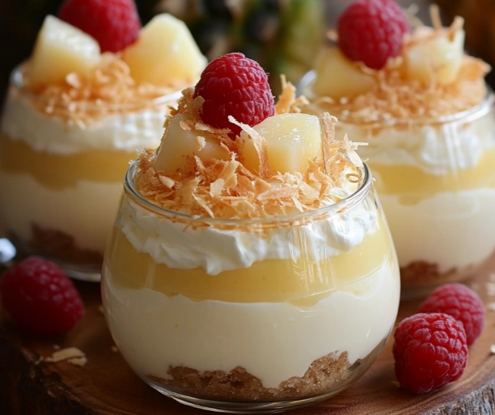 Layered Pina Colada Cheesecake Mousse served in clear dessert glasses with pineapple and coconut toppings