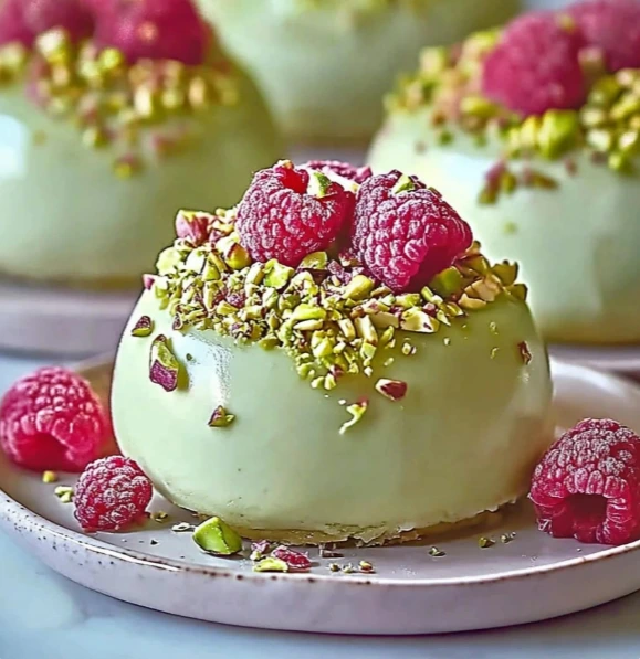No-bake cheesecake domes with raspberry center and pistachio base