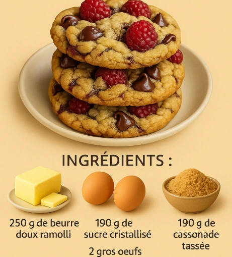 Close-up of raspberry chocolate chunk cookies stacked on each other