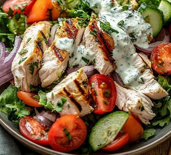 Salade de Poulet Grillé à la Grecque avec Sauce au Yaourt et Concombre