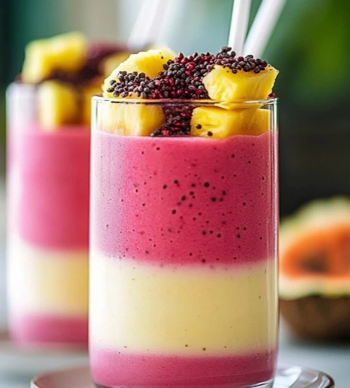 Tropical Layered Smoothie in a tall glass with colorful fruit layers