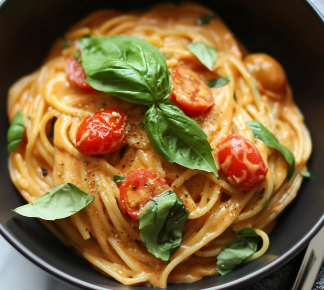easy-creamy-tomato-pasta.jpg" alt="One Pot Creamy Tomato Pasta served with fresh basil in a white bowl