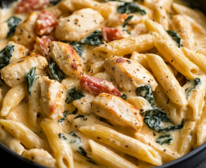 Creamy Tuscan Chicken Pasta with spinach, sun-dried tomatoes, and chicken in Parmesan sauce