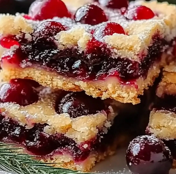 Close-up of holiday cherry dessert bars with layers of crust and sweet cherry filling