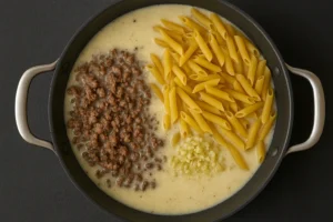 Uncooked penne added to skillet with beef, garlic, and creamy broth for one-pot pasta