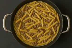 Simmering penne and beef in creamy garlic butter sauce in one pot