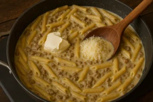 Cream cheese and parmesan added to beef pasta to make it creamy in one-pot recipe