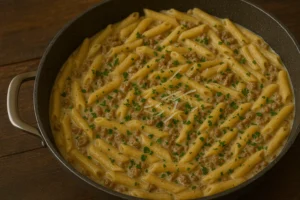 Finished One-Pot Creamy Beef and Garlic Butter Pasta garnished with parsley and cheese