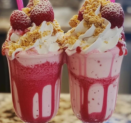 Strawberry Shortcake Milkshake Recipe in a glass with whipped cream
