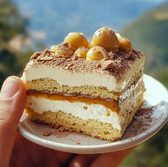 Caramel cream layer cake with whipped cream and caramel grapes – perfect for summer dessert