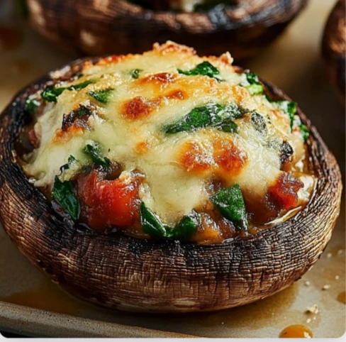 Cheesy Stuffed Portobello Mushrooms served hot on a white plate
