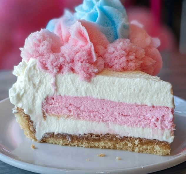 Cotton Candy Cheesecake layered in pink and blue – perfect summer dessert