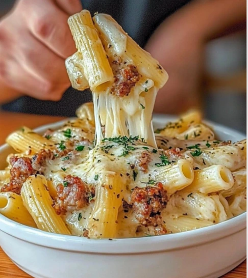 creamy Baked Sausage Pasta in a baking dish with melted cheese