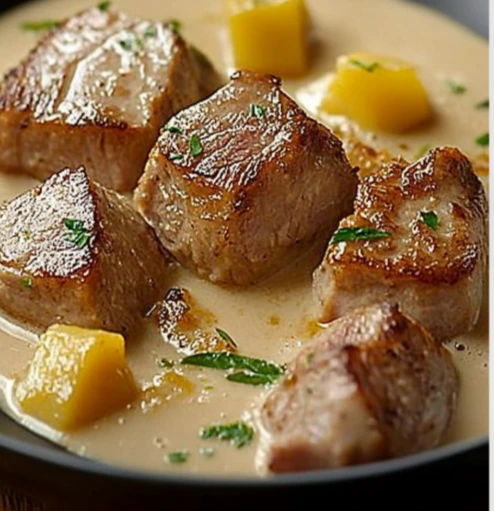 Seared pork tenderloin bites with creamy sauce and golden potatoes