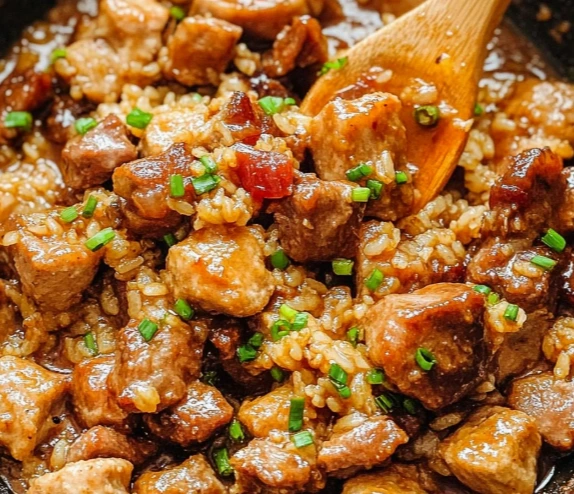 Garlic Honey Pork with Rice served with steamed vegetables