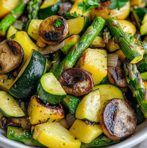 Garlic sautéed vegetables with parsley and lemon served as a light summer dinner