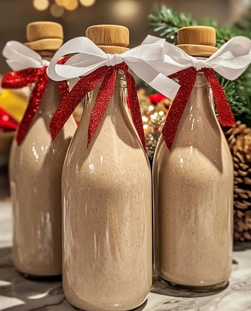 Homemade Baileys for Christmas in decorative glass bottles