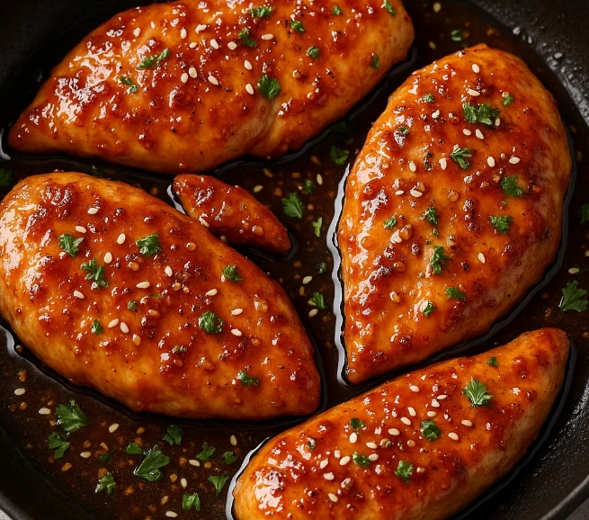Juicy Honey Garlic Glazed Chicken Breasts on a plate with fresh herbs