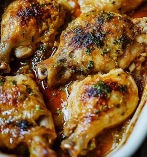 Lemon Butter Chicken Thighs served in a skillet with lemon slices and garlic