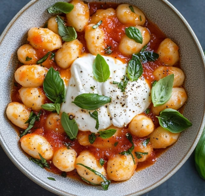 Gnocchis crémeux à la tomate, burrata et basilic frais