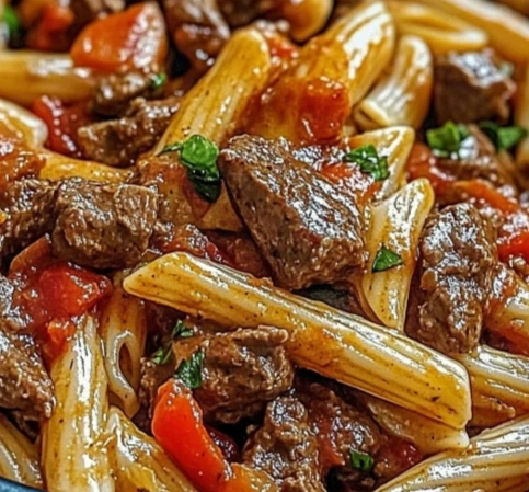 Beef and Tomato Penne Pasta served in a white bowl with parsley garnish