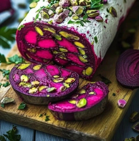 Colorful Beetroot and Cheese Roll with creamy goat cheese filling