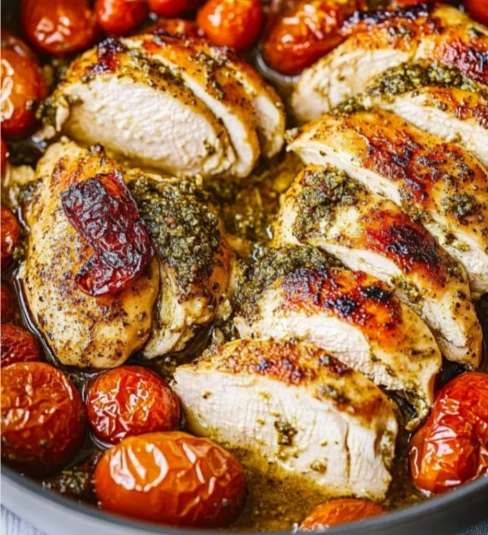 Creamy Pesto Chicken with Roasted Tomatoes