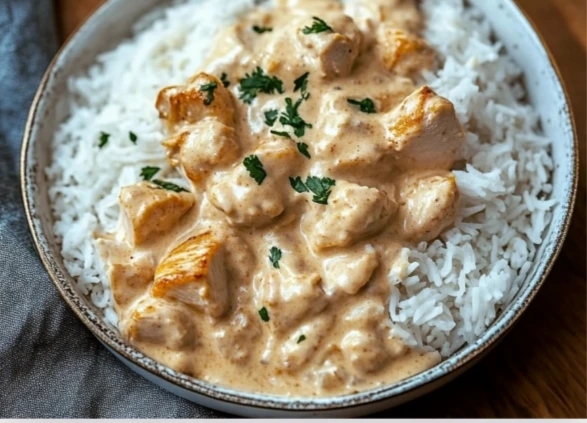 Ingredients for a creamy chicken rice dinner including chicken, rice, and cream