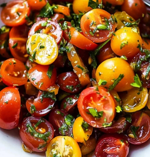 Best Balsamic Tomato Salad with cherry tomatoes, basil, and balsamic dressing