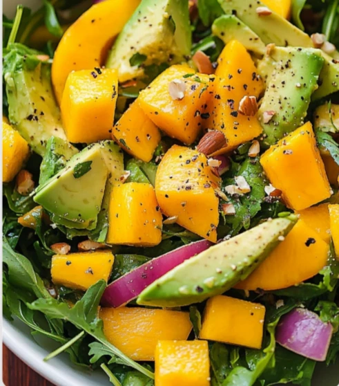 Avocado Mango Salad with arugula, red onion, pine nuts, and lime dressing