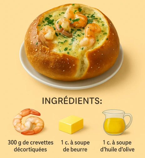 Creamy shrimp soup served in a bread bowl