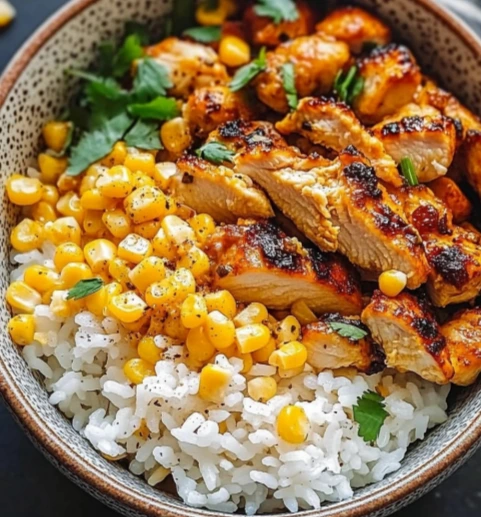 Street Corn Chicken Rice Bowl with avocado and lime slices