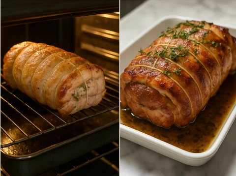 Summer dinner with sliced stuffed rolled chicken roast on plate