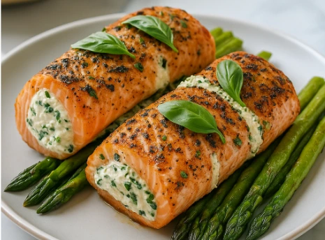 Baked stuffed salmon with spinach and cream cheese filling