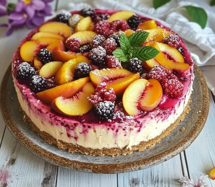 Summer desserts cheesecake with berries and peaches