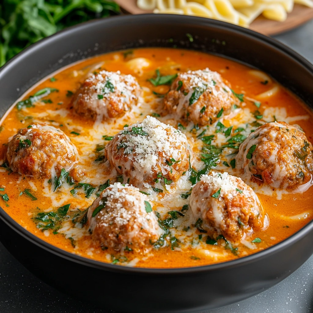 Creamy Italian Meatball Soup served in a rustic bowl with fresh herbs